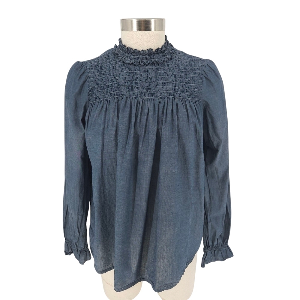 GAP Smocked Shirt Indigo Blue Dipped Tie Dye Long Sleeve Ruffle Neck Top Small